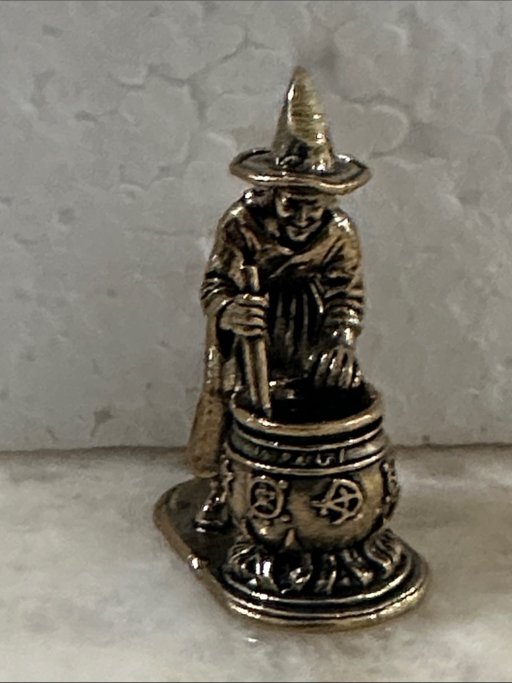 Bronze-Tone Witch Brass Figurine Stirring Cauldron